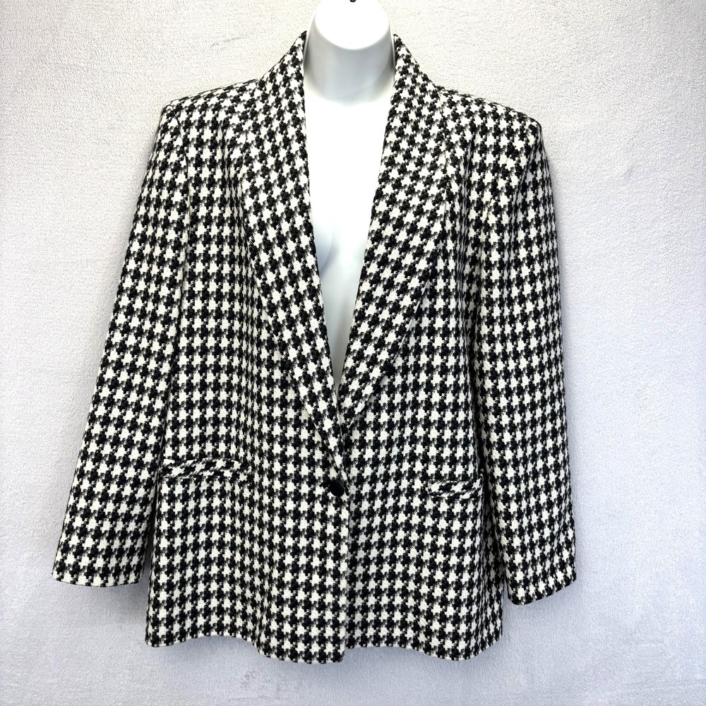 Vintage Tweed Houndstooth‎ Blazer Jacket Womens Petite 10P Black Tan Jay